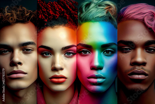 A group of adult multiethnic and multiracial people in LGBT colors. Image generated by artificial intelligence.