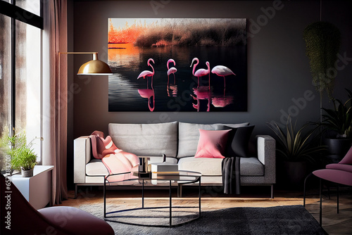 Pink flamingos on a pond in the rays of sunset, decorating the wall of a living room.
