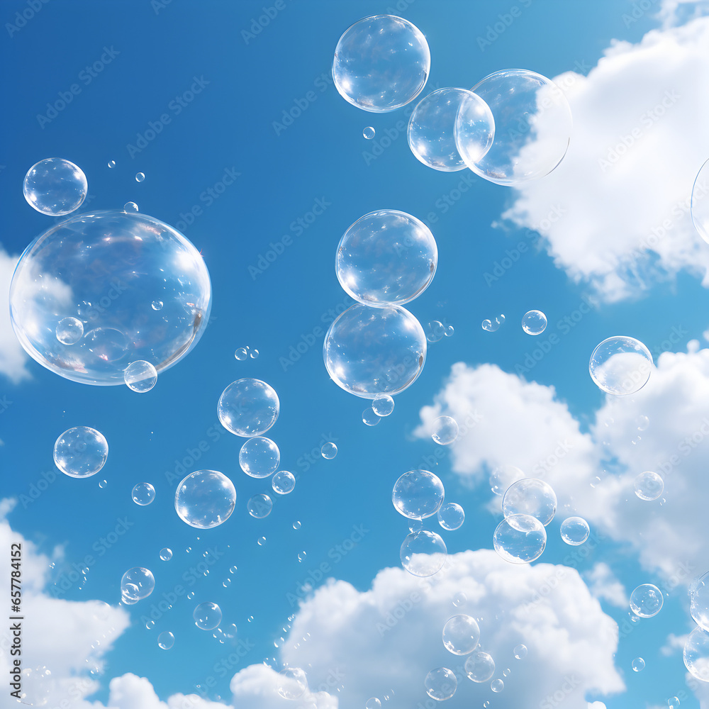 Soap bubbles in the air with the blue sky and white clouds in the background. Generative ai. 