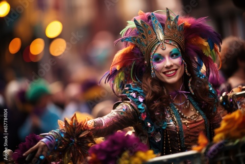 Mardi Gras parade. Happy woman in Carnival costume and mask portrait
