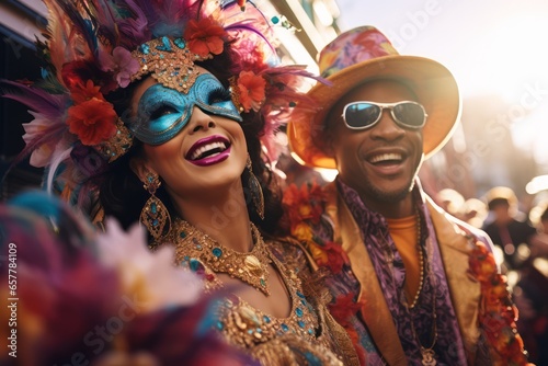 Mardi Gras parade. Happy people in Carnival costume and mask portrait photo