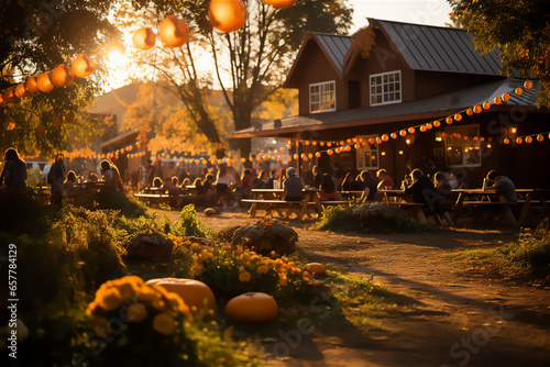 Lively harvest festival with people enjoying activities like apple bobbing, face painting, and pumpkin carving photo