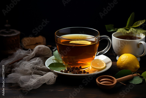 Cup of tea with lemon, honey on a wooden table, close-up