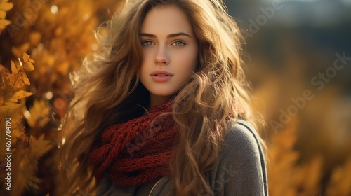 Portrait of a beautiful long-haired girl in autumn in the park. Generative AI