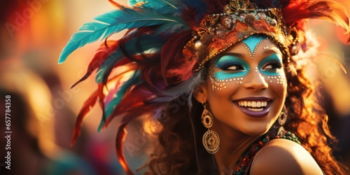 Mardi Gras parade. Happy woman in Carnival costume and mask portrait