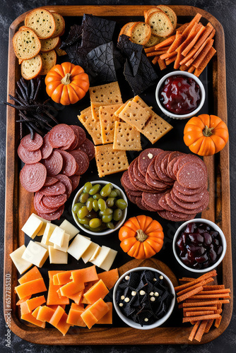 Halloween Concept Charcuterie Board Background Display Assorted Tasty Foods And Cookies