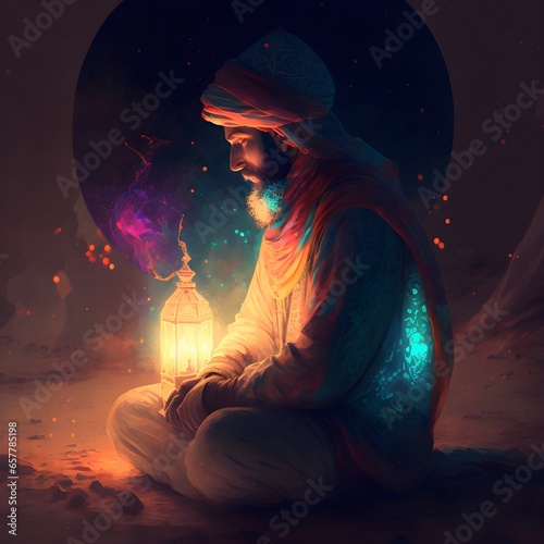 epic muslim sufi on pray colourful holy lights on him night desert octan render 200mm  photo