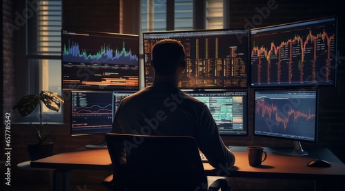 stock and forex trader concept. man in front of computer multiple screens. business process automation computer monitor from analytics data graph.
