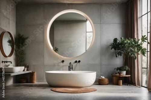 upscale bathroom with gray tiled walls concrete flooring white bathtub double sink and round mirror above. Generative Ai.