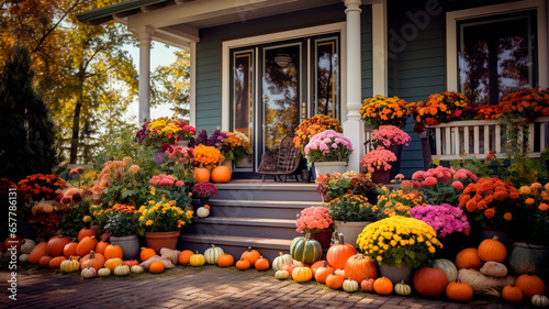 pumpkins and flowers in the fall season in the yard