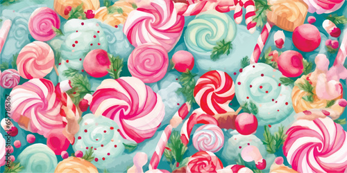 Seamless pattern of winter Christmas symbols, lollipopland, gingerbread man , on a pastel background.Vector pattern for Christmas,New Year designs,textiles,wrappers,wallpaper