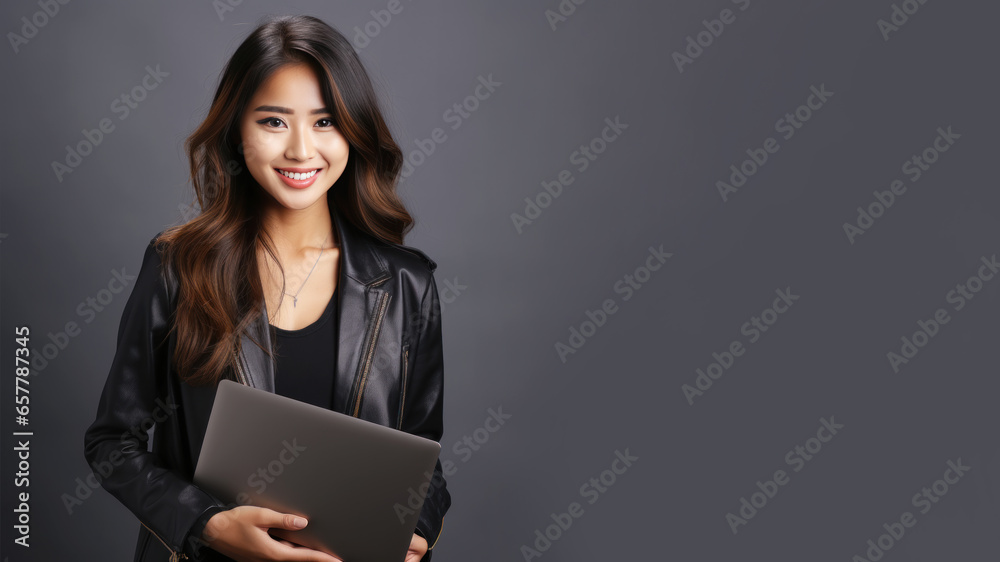 Smiling Asian businesswoman holding laptop computer Smiling Asian businesswoman holding laptop computer