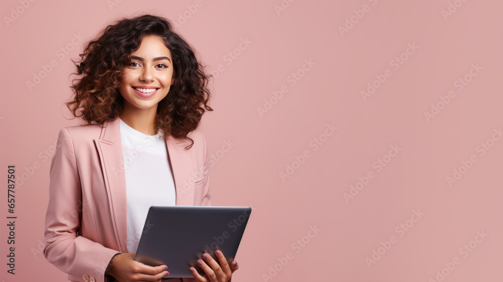 Smiling brunette businesswoman holding laptop computer Smiling brunette businesswoman holding laptop computer