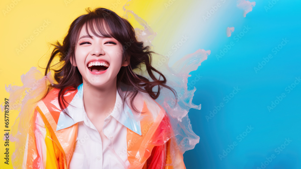 Smiling chinese woman wearing raincoat playing water splash