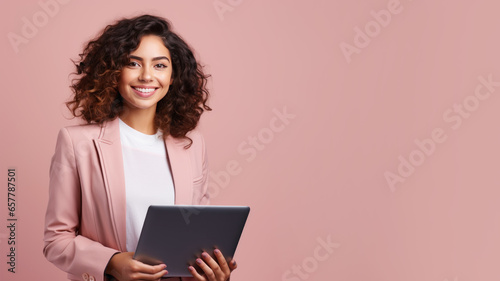 Smiling brunette businesswoman holding laptop computer
