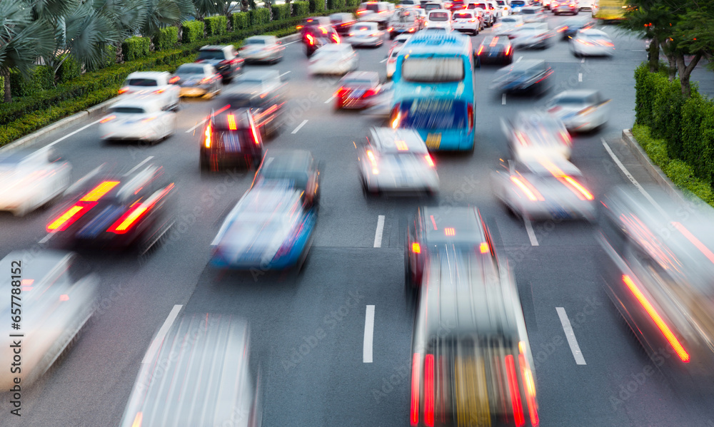 Fast moving traffic in city evening