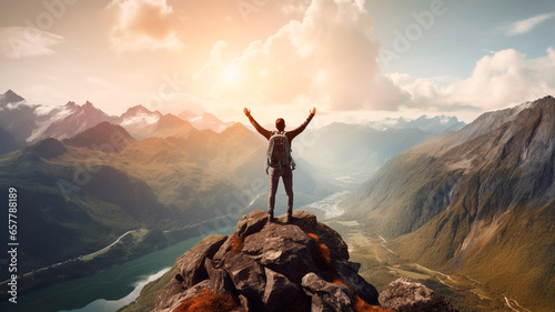 successful business woman standing in top of mountain. business and success