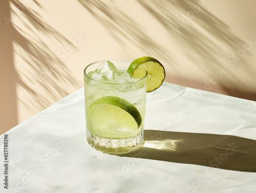 Cocktail with fresh lime on light and shadow in bar