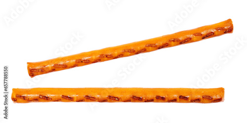 Salty cracker pretzel sticks, stuffed with peanuts isolated on white 