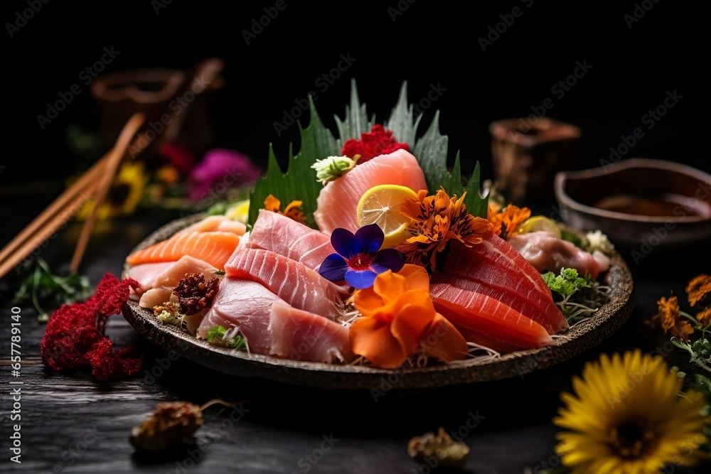 a plate of mixed sashimi, highlighting an assortment of raw fish slices, each showcasing its unique texture and taste