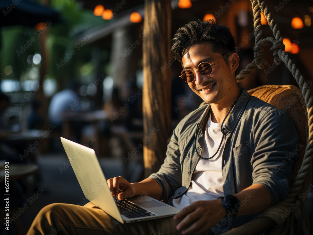 man using laptop on vacation man using laptop on vacation