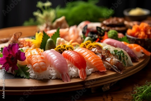a plate of mixed nigiri sushi, highlighting a diverse assortment of fish, seafood, and toppings elegantly arranged on sushi rice