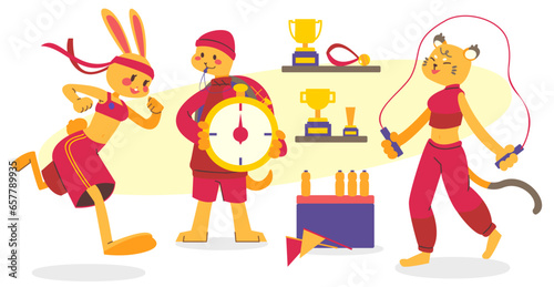 Group of animal athlete with sport equipment cartoon style