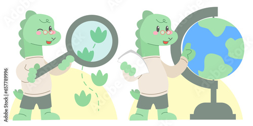 Set of dinosaur with archaeologist equipment in cartoon style