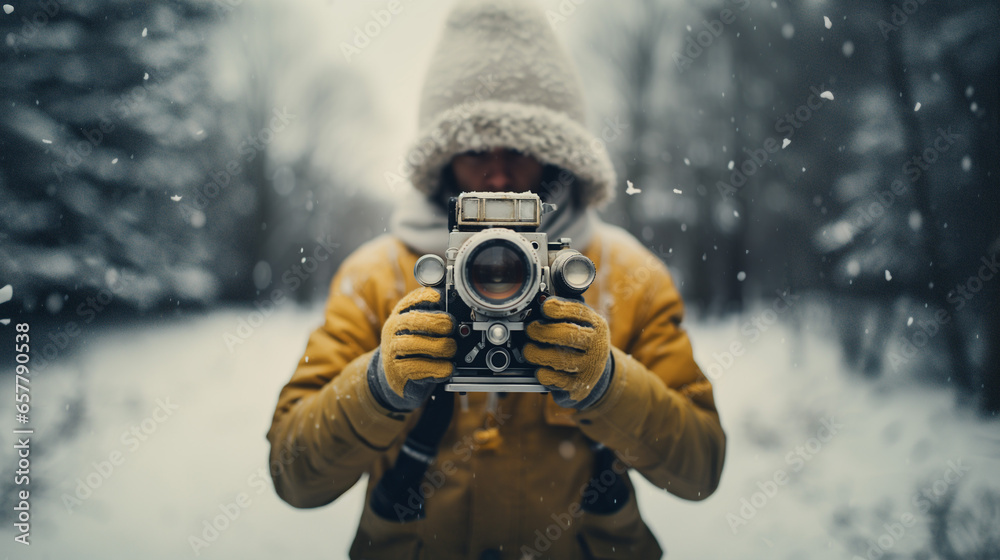 man holding a DSLR camera in snowy weather - obrazy, fototapety, plakaty 