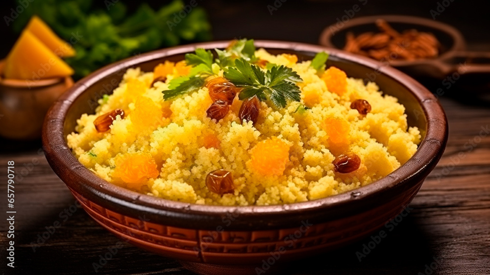 traditional indian rice dish, served in a bowl with garnished with lemon and mint leaf traditional indian rice dish, served in a bowl with garnished with lemon and mint leaf
