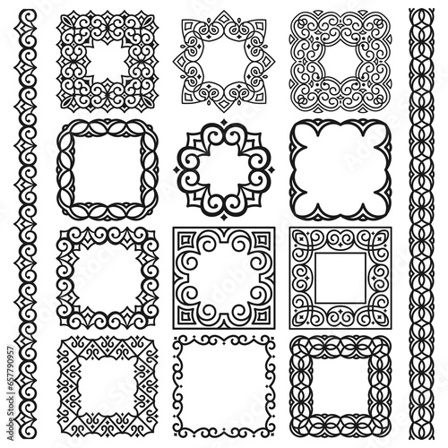 Set of vector square frames, brushes, modern linear oriental ornaments