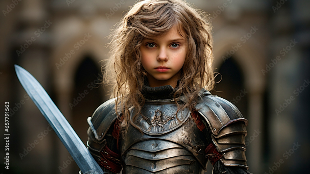 portrait of a girl in medieval armor, a princess with a shield. medieval knight in armor.