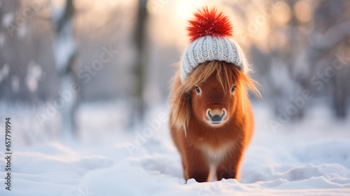 cute red pony in a winter hat and scarf on a snowy background photo
