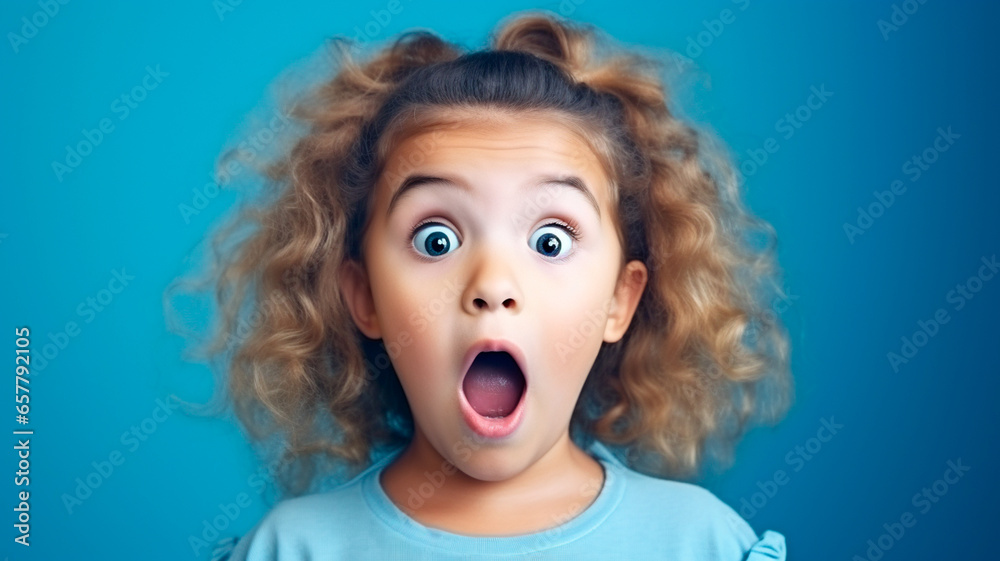 portrait of shocked child with open mouth on blue background portrait of shocked child with open mouth on blue background