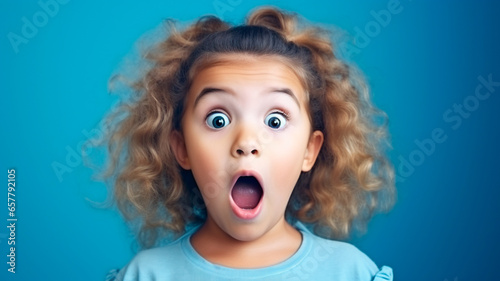 portrait of shocked child with open mouth on blue background