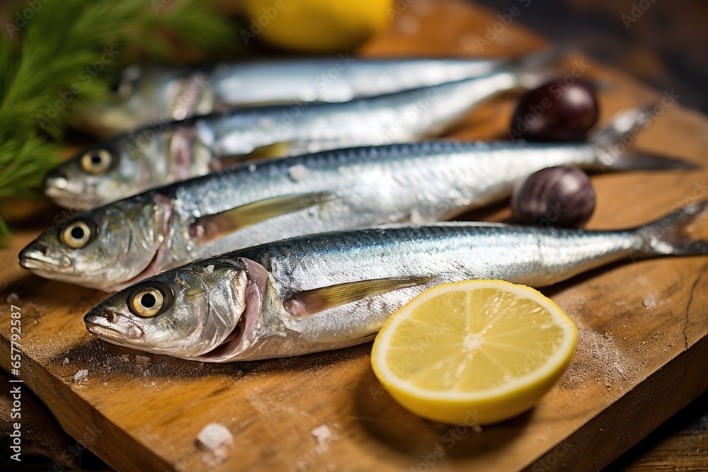 Sardines with lemon, salt and parsley close-up on a dark background. Sea fish. Sardines with lemon, salt and parsley close-up on a dark background. Sea fish.