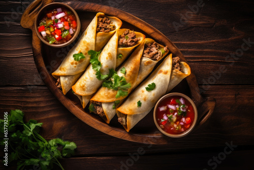 Mexican beef taquitos with vegetables, cilantro and salsa, top view photo