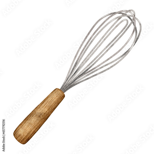 Kitchen utensils. Whisk culinary. Watercolor illustration. Isolated. Design element for cookbook, recipe, food label, packaging