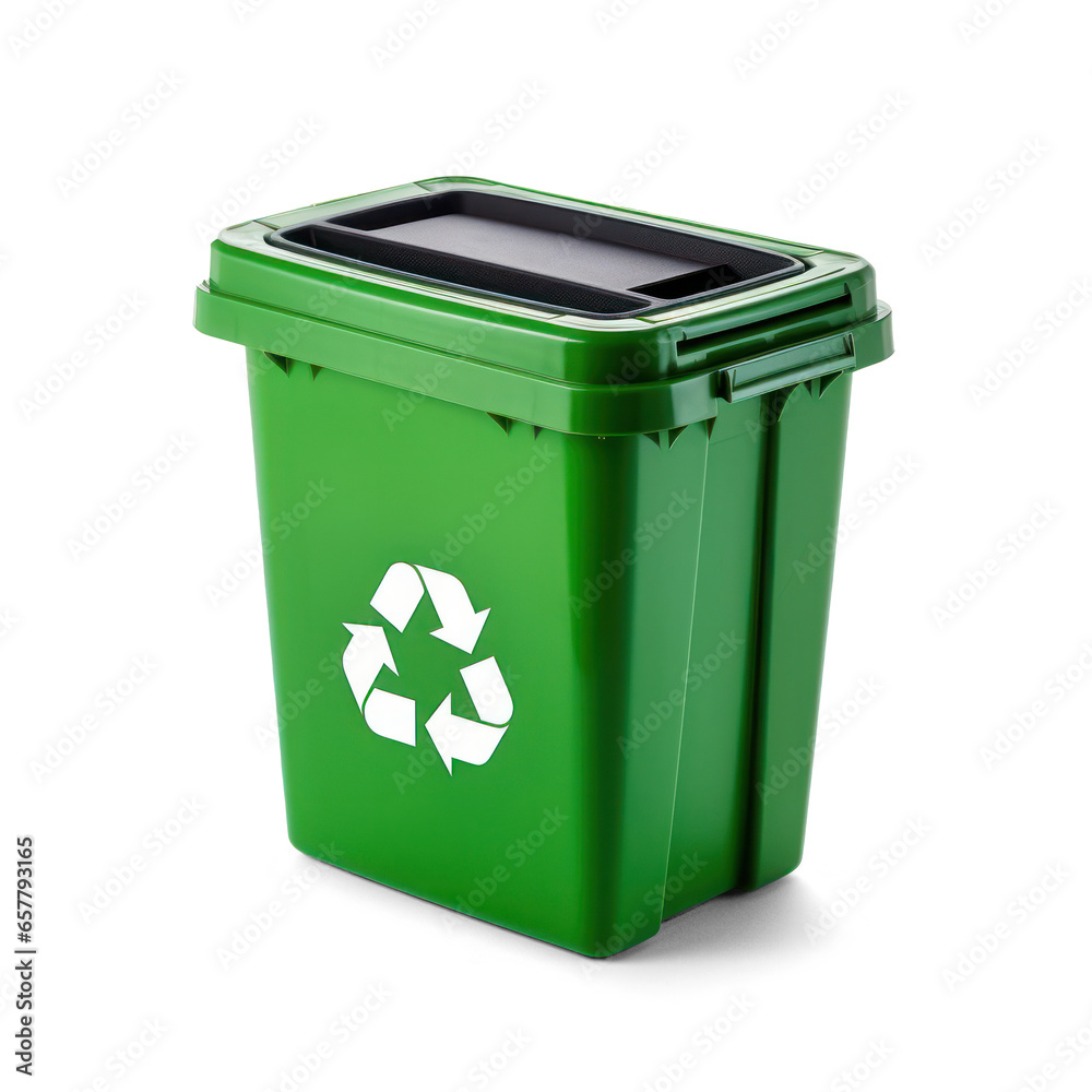 A green trash bin isolated on white as a PNG with a white recycling symbol on it. A green trash bin isolated on white as a PNG with a white recycling symbol on it.