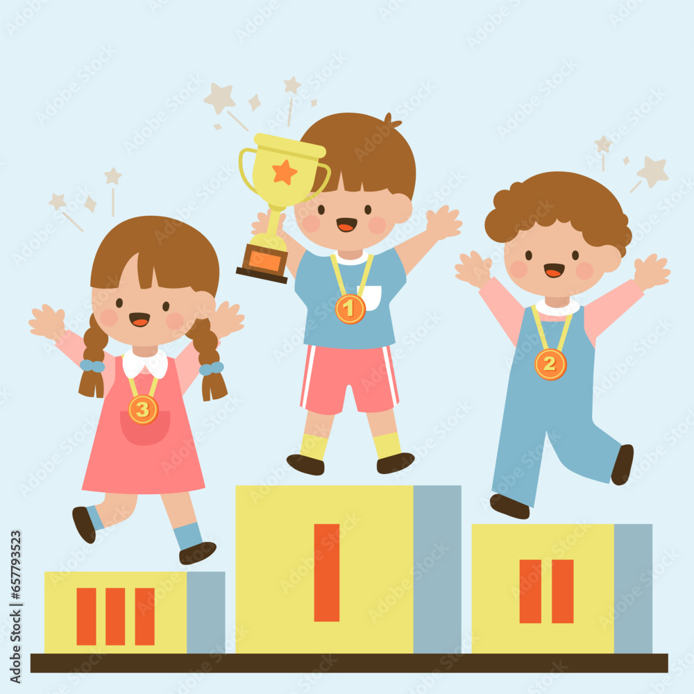 Group of cute little girl and boy holding gold trophy on podium