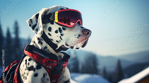 Cool Dalmatian puppy in ski goggles in a ski resort, generative AI