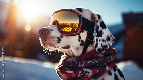 Cool Dalmatian puppy in ski goggles in a ski resort, generative AI photo