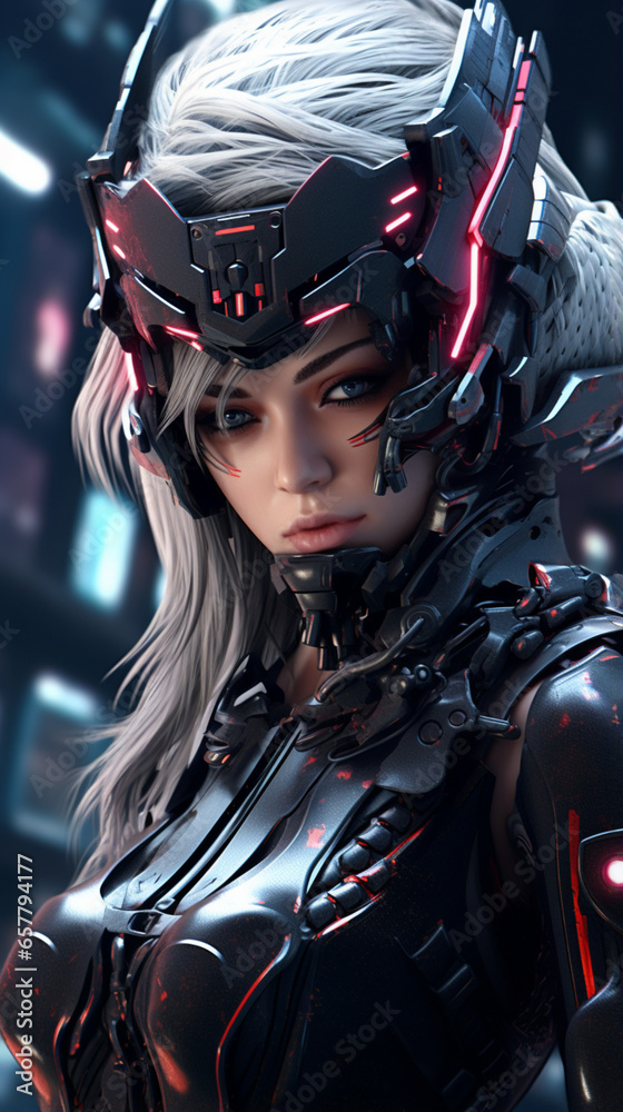 3D Cyberpunk Anime Cyborg Warrior Ninja Girl with an Intense Look