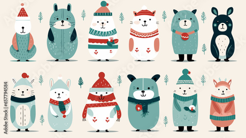 Christmas animals set, flat vector illustration, hand drawn style, bears, rabbits, sloths, penguins, owls and others. Cute design animals for postcard, greeting card, Christmas card. White background.