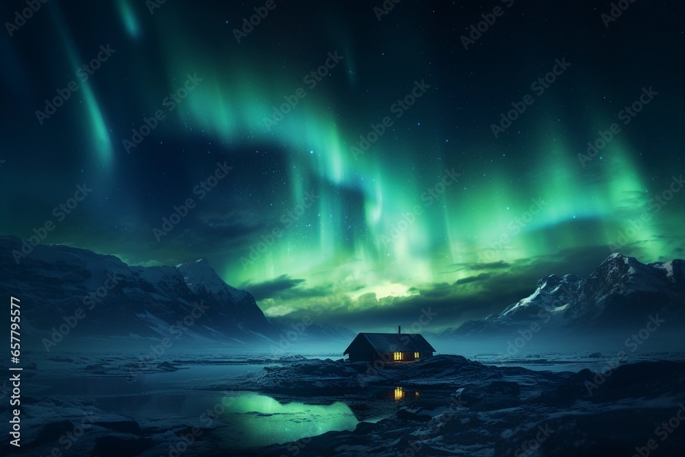 Winter night landscape with northern lights. Aurora Borealis. Lonely house in the mountains.