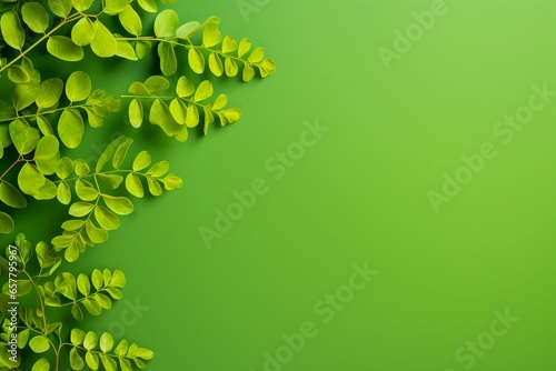 Fresh moringa leaves on green background. Top view with copy space.