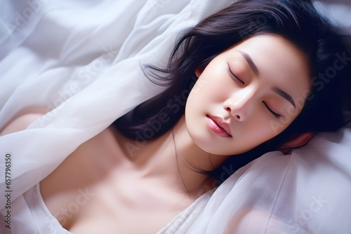 Asian Woman sleeping with closed eyes in comfortable bed