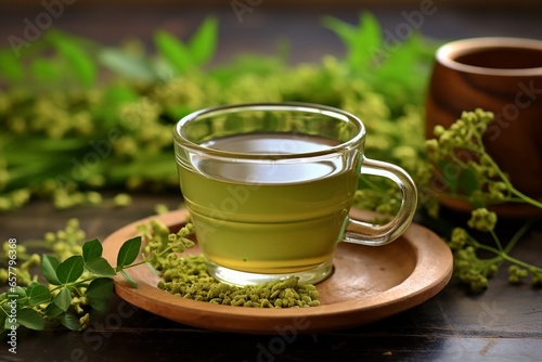 Cup of moringa herbal tea on the table with fresh leaves and flowers