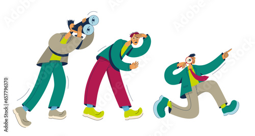 Seach concept. Men using magnifying glass, binoculars seach for something