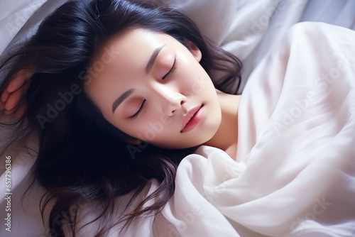 Asian Woman sleeping with closed eyes in comfortable bed